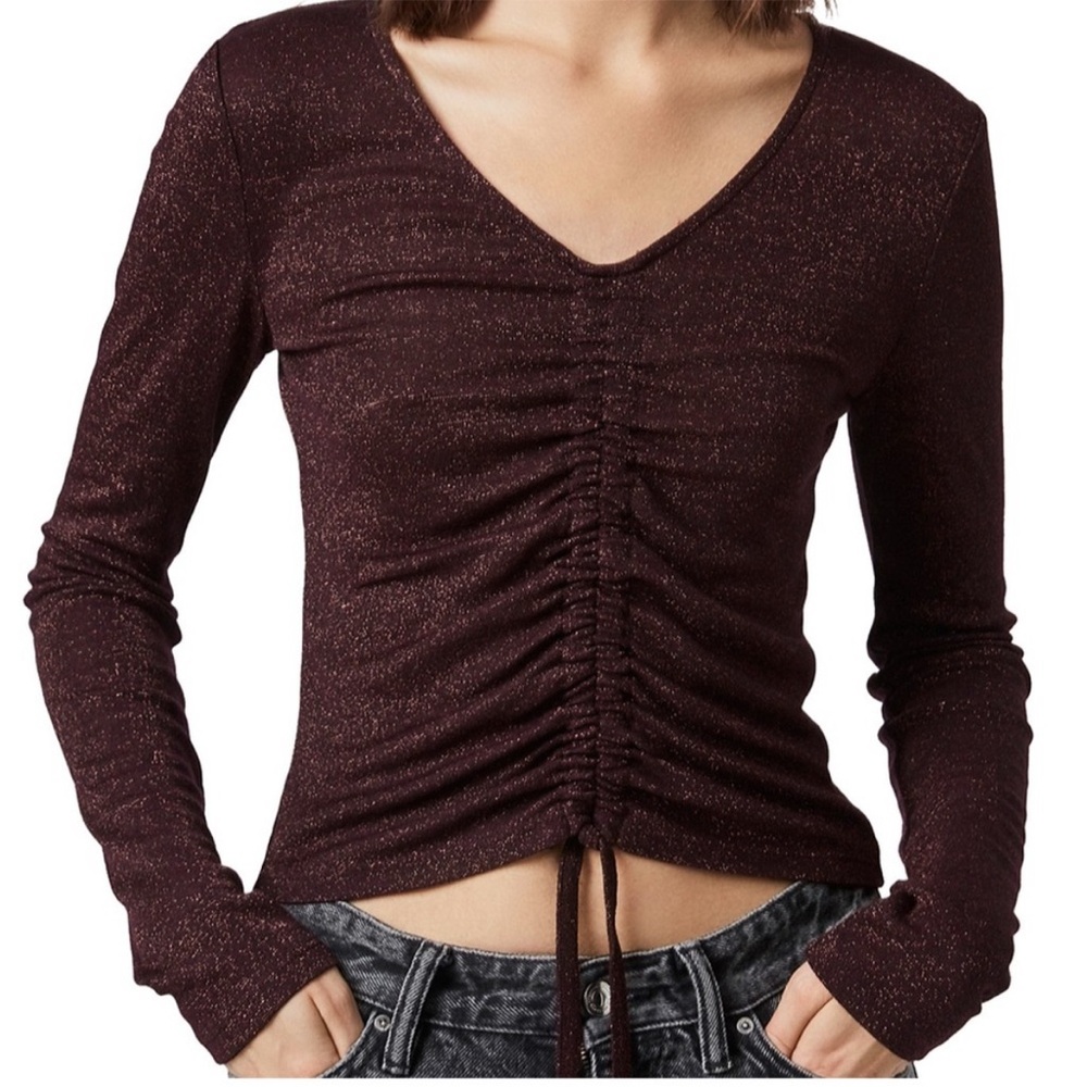 All Saints Sparkling Maroon Gathered V-Neck Top